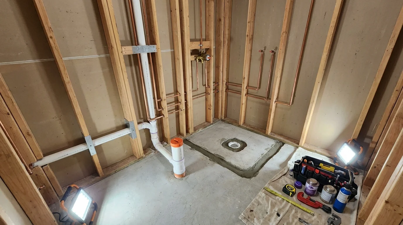 Bathroom rough-in plumbing during remodel by Johns Plumbing LLC in Landrum