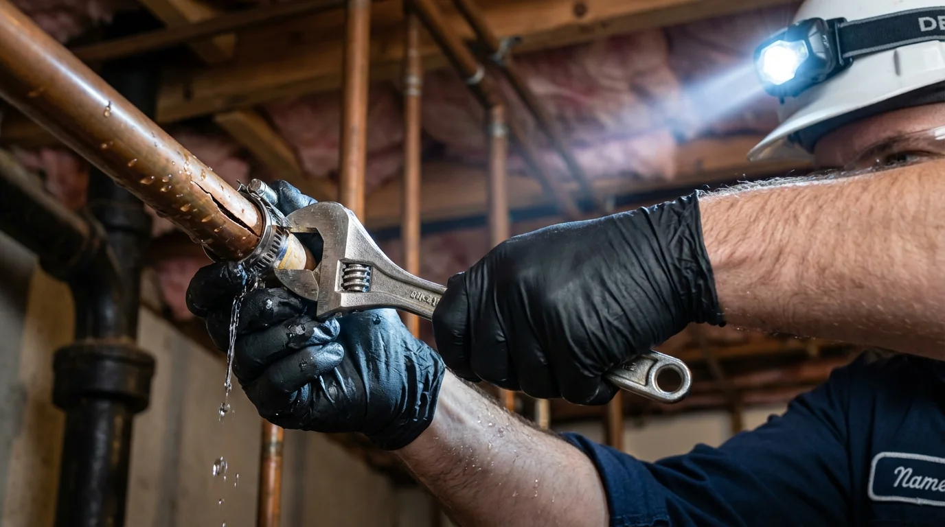 Emergency pipe clamp repair being performed by a Johns Plumbing LLC plumber in Landrum