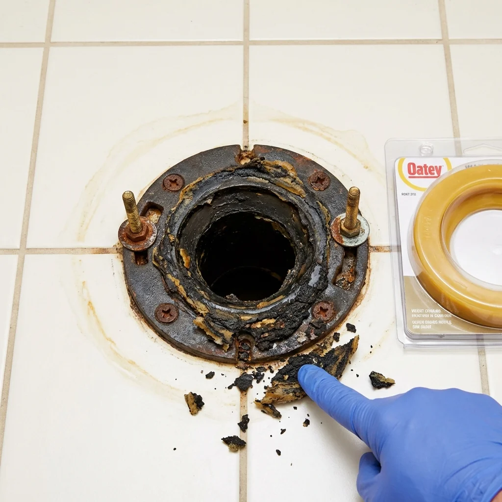 Failed wax ring showing water seepage at the base of a toilet in a Landrum, SC home