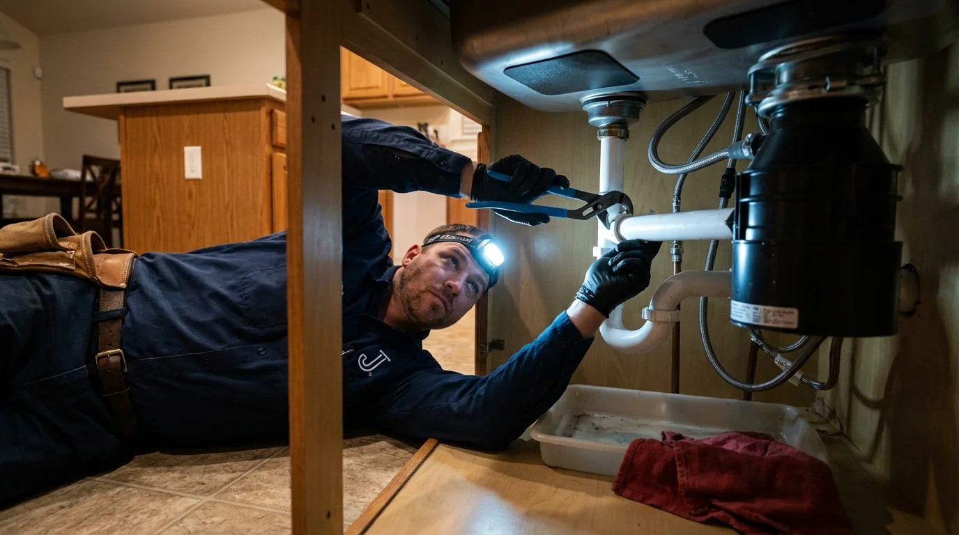 P-trap and supply line connections under a kitchen sink showing a common leak point in Landrum, SC